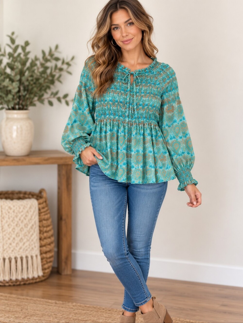 Rose & Olive Turquoise and Orange Paisley Smocked Peplum Blouse Size M